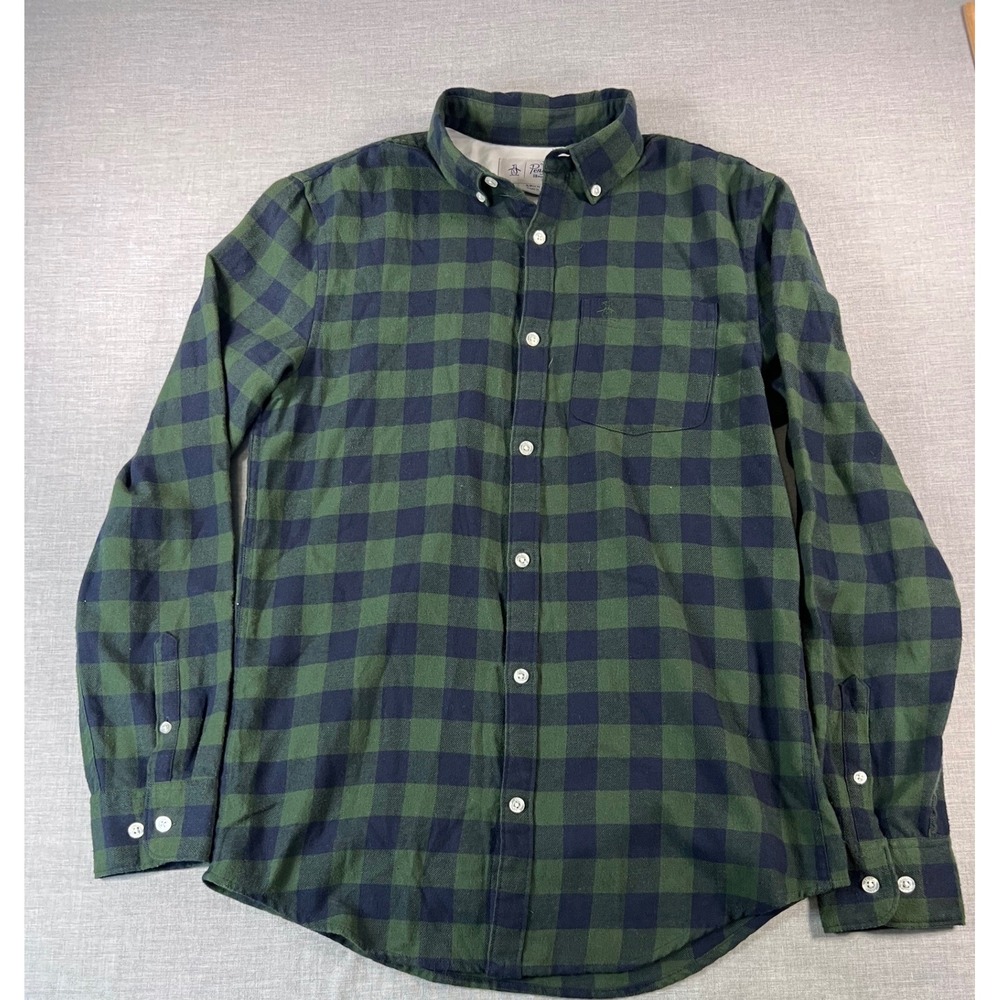 Original Penguin Mens Small Buffalo Plaid Flannel Button Down Shirt Green Navy